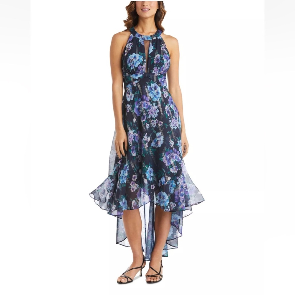NEW Nightway Dress Size 4 Blue Purple Black Floral Halter Top Night Way High Low